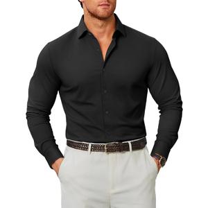 COOFANDY Mens Stretch Dress Shirts Muscle Fit Wrinkle Free Long Sleeve Button Down Shirt Business Casual Shirts (Black, S)