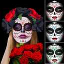 Day of the Dead Face Sticker Makeup Kit, 3 Packs Halloween Glitter Sugar Skull Roses Temporary Tattoos for Adults Women Men Kids, DIY Skull Full Face Mask Stickers for Halloween Party Cosplay Supplies