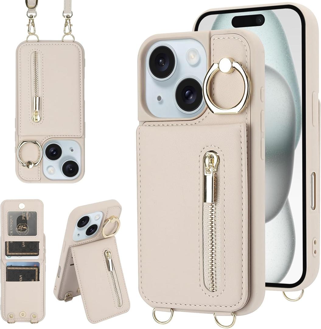 Crossbody Wallet Case for iPhone 13/14 with Lanyard Strap Card Slot Holder RFID Blocking Ring Kickstand,Magnetic Flip Folio Zipper Purse Case, PU Leather Cover Handbag,Beige