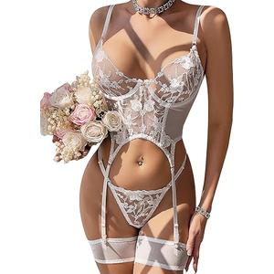 Lilosy Sexy Lingerie Sets for Women Classy, Lace Womens Corset Teddy Lingerie 3 Piece with Garter Belt M