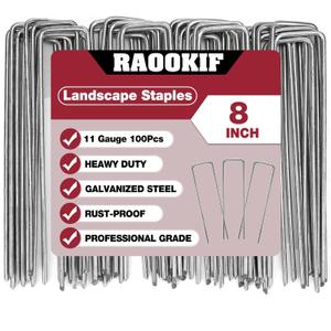 RAOOKIF 8 Inch Galvanized Garden Landscape Staples, 100Pcs Garden Metal Stakes, 11 Gauge Heavy Duty Ground Stakes for Decoration, Fence, Lawn, Fabric Pins