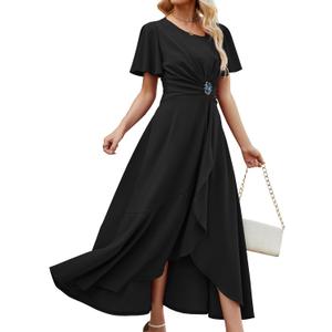 QMZ Wedding Guest Dresses for Women Have Pockets Cocktail Dress Ruffle Sleeve A Line Evening Party Formal Dresses for Women (Black, L)