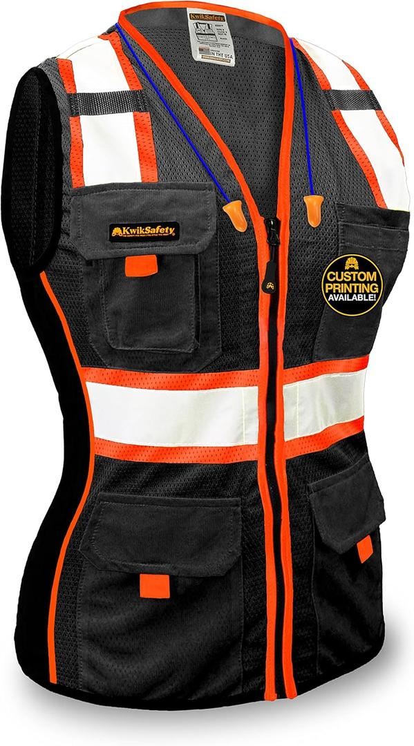 KwikSafety - Multi-Color Safety Vest for Women | Premium Reflective High Visibility Vest, ANSI Class Unrated (X-Large, Black | Regular Fit)