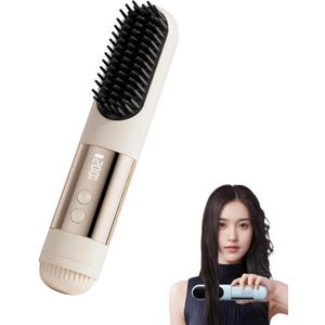 2026 Upgraded Go Brush Pro for Short Hair, 3 Heat Settings for All Hair Types, 30s Fast Heat, Ionic & Ceramic Care, Cold Air Mode, 2500mAh USB-C Rechargeable Straightening Brush (Beige)