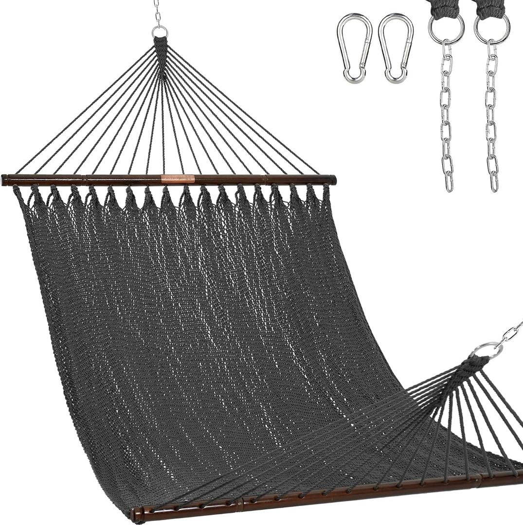 Lazy Daze Hammocks 10.5 FT Double 2 Person Caribbean Rope Hammock, Hand Woven Polyester Hammock with Spreader Bars, for Outside Outdoor Backyard Patio Poolside, 450 LBS Capacity, Gray