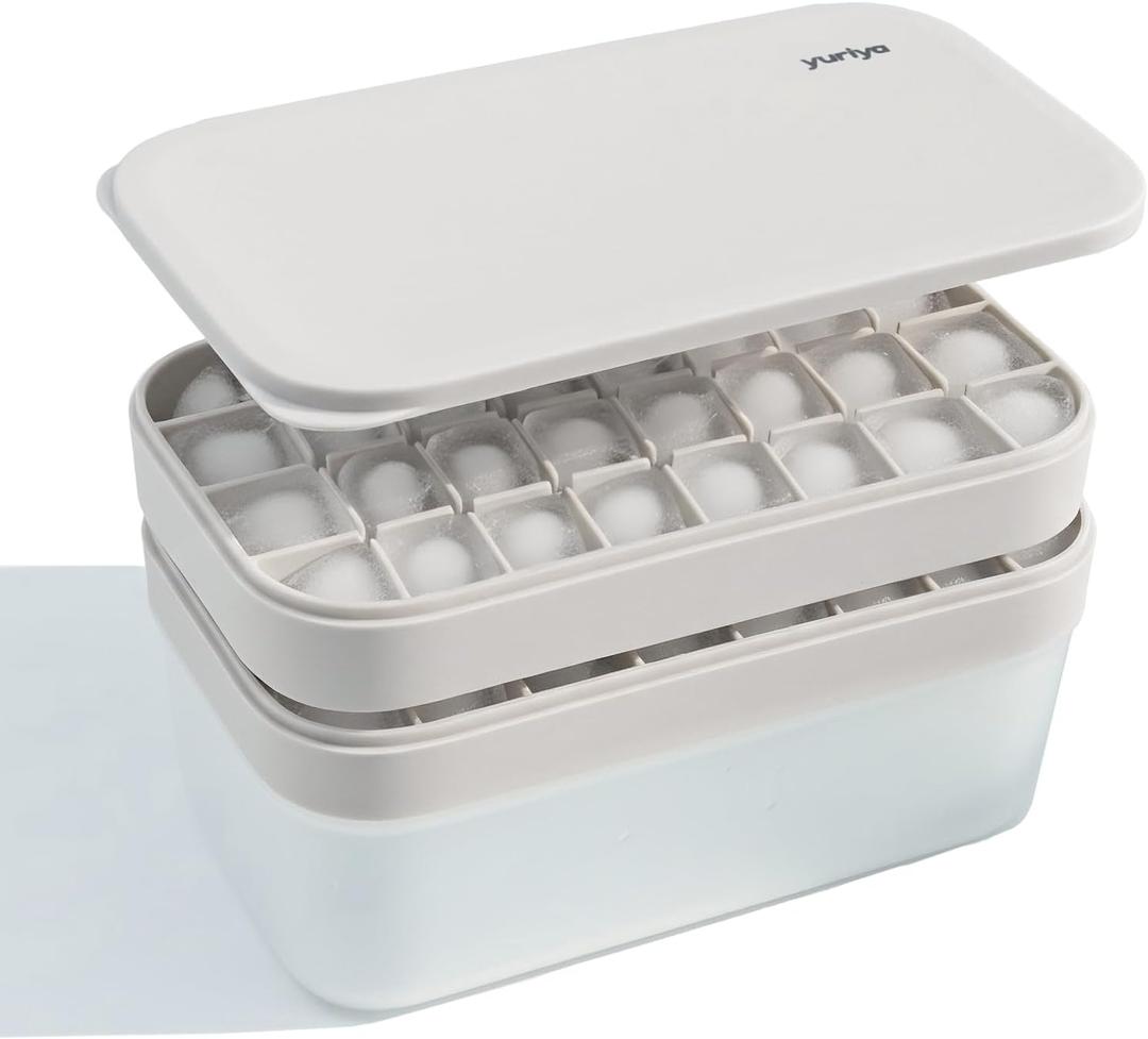 yuriya Ice Cube Tray Set with Lid & Bin, 2 Silicone Trays (32-Cube Each, 64 Total), Easy-Release, Stackable, Leak-Proof, Dishwasher Safe, Sand Beige