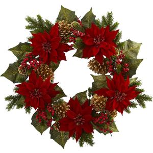 Nearly Natural 24in. Poinsettia, Berry and Golden Pinecone Artificial Wreath