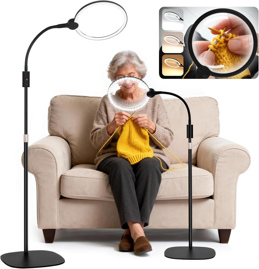 Magnifying Glass with Light and Stand,Large 7" Floor Magnifying Glass with Light,Rechargeable Portable Wireless Lighted Magnifier 360 Gooseneck for Reading,Close Work,Sewing,Crafts,Seniors