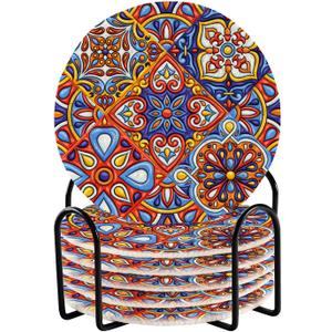 YETTASBIN Mexican Talavera 6 Pcs Drink Coasters with Holder, Cotton Woven Absorbent Heat-Resistant Round Coaster Non-Slip Table Mat for Kitchen Bar Home Decor Housewarming Gift, 3.9 in
