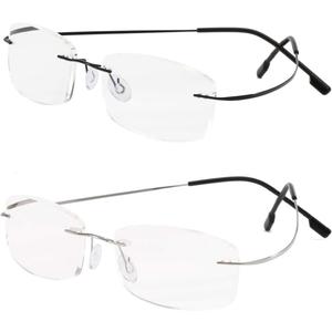 Viseng Set of 2 Rimless reading glasses titanium metal ultra light Readers of Men Women (2 Pairs:black & Silver)