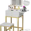 Small Makeup Vanity Desk with Lights - White Girls Vanity Set with Mirror and Chair, Make Up Dresser Table with Drawers and Power Outlet for Bedroom Small Space, Gold