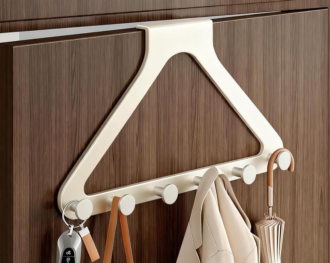 Over Door Hooks, No Drill Silent Use 6 Hooks for Towels & Clothes, Modern Matte Metal 8.7 inch (Cream White, Regular)