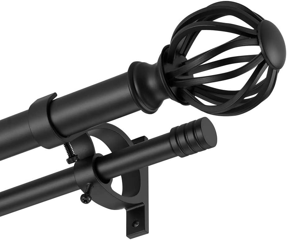 Double Curtain Rods for Window 72-144", Matte Black Double Curtain Rods with Round Cage & Barrel Finials, 1-Inch Front and 5/8 Inch Back Double Drapery Rod