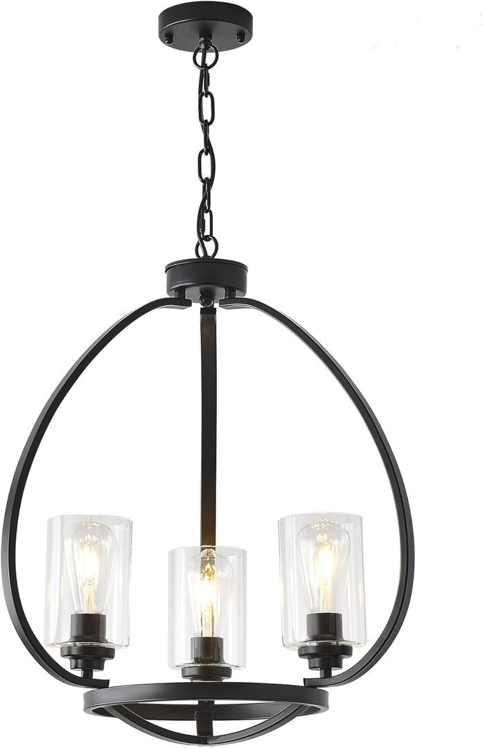 XILICON Black Classic Foyer Chandelier 3 Light Farmhouse Pendant Lighting Chandelier Light Fixtures Ceiling Hanging with Square Cage Shades Fixtures for Kitchen Dining Room Entryway