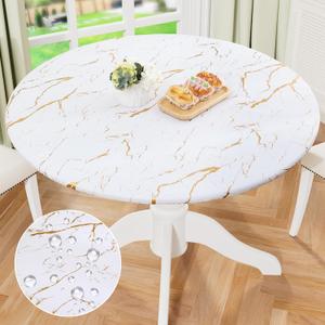 Misaya Round Fitted Tablecloth with Elastic Edge, Waterproof Oil Proof Plastic Table Cover, Vinyl Flannel Backed Tablecloth Fits 36"-44" Round Tables for Dinner, Outdoor, Picnic, White Gold Marble 
