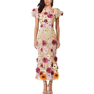 Women's 3D Floral Embroidery Dress Ruffle Sleeve Fishtail Lace Bodycon Party Cocktail Mini Dress (L)