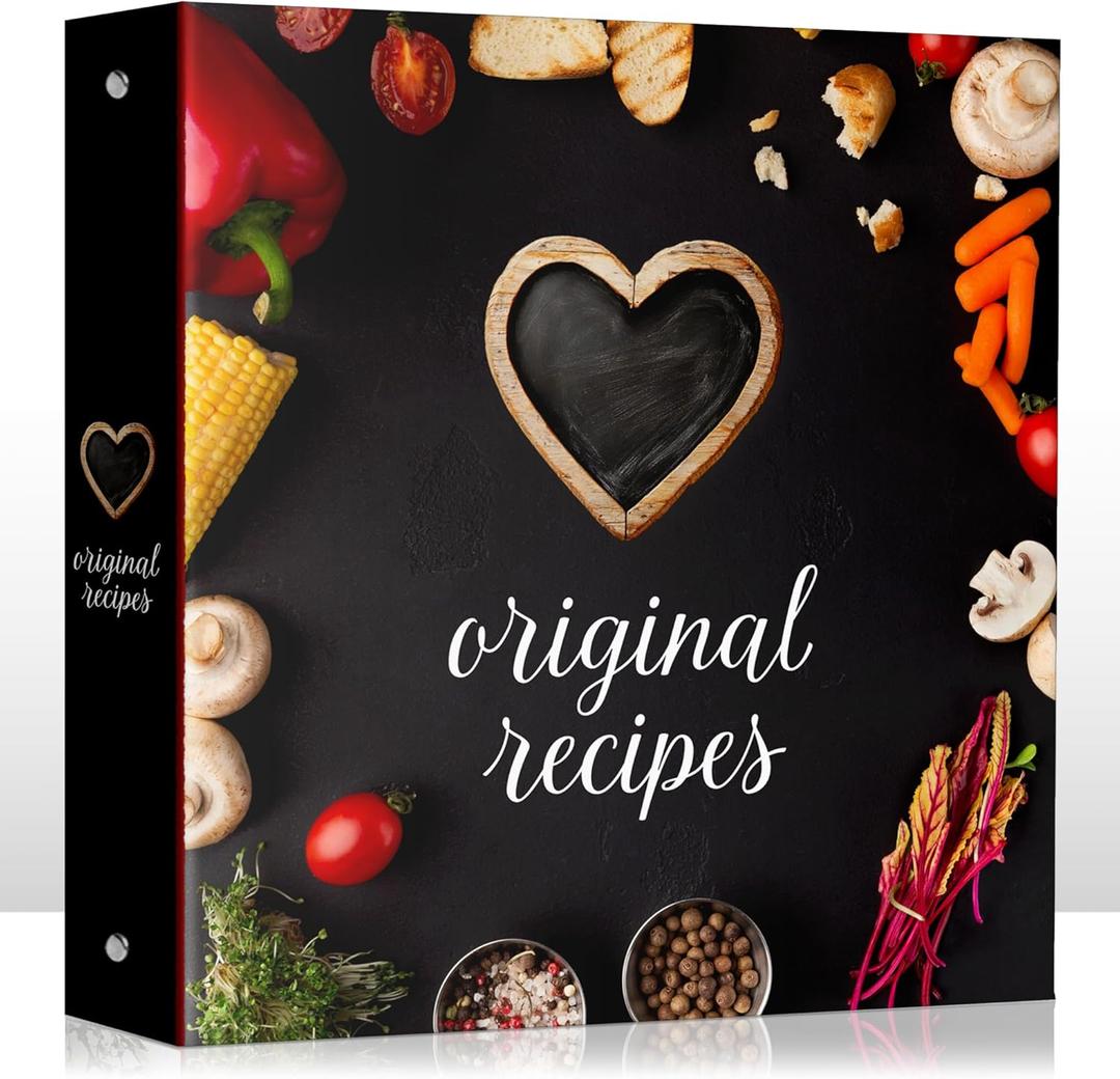 Recipe Binder, 3 Ring Recipe Book with dividers, Plastic Sleeves and Pages, Kitchen Conversions Inside, Modern Black Design with Vegetables, Gift for Home Cooks and Chefs