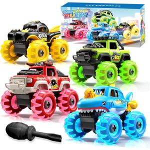 4 Pack Monster Truck Toys for 2 3 4 5 6 7 Year Boys, Light-Up Car Toys with Light-Up Wheels, Take Apart Toys Trucks for Toddler Toys 2-3, Birthday for Toddler Boys Ages 2-4