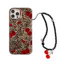 aaknhen Leopard Cherry Phone Case Compatible for iPhone 16 Pro Max,Cute Trendy Cheetah Print Design with Wrist Strap Charm Chain,Summer Fruit Protective Cover for Girl Women 6.9 inch