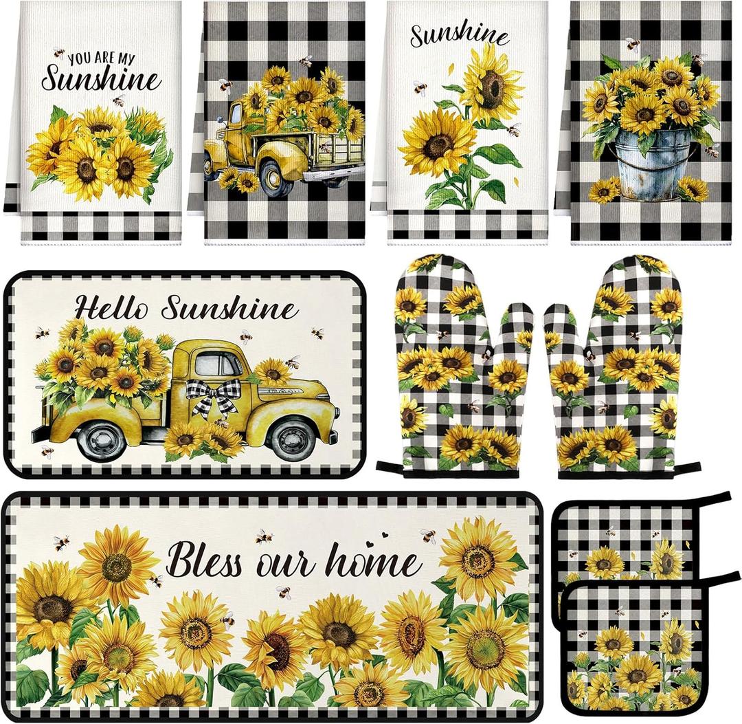 10 Pcs Sunflower Marble Kitchen Decor Oven Mitts Pot Holders 2 Kitchen Rugs and 4 Towels for Cooking Baking Mom Gift Home Decor(Sunflower)