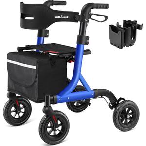 MAXWALK Walkers for Seniors, Rollator Walker with Seat, 8" Rubber Wheels All Terrain Rollator Walker with Backrest, Aluminum Walkers Built-in Cable, Foldable and Adjustable Height for Seniors, Blue