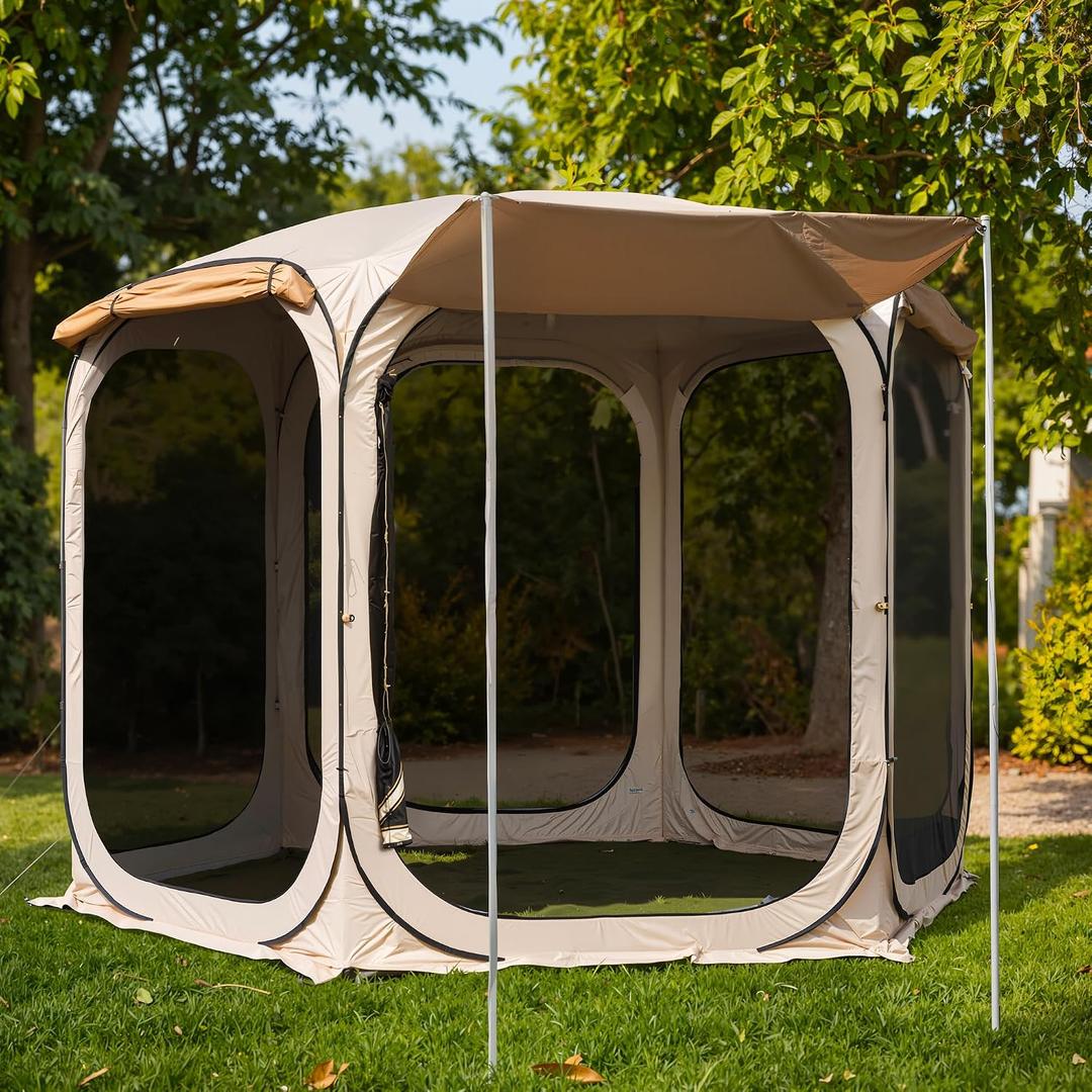 East Oak 1010 FT Pop Up Canopy Tent with Mesh Walls | Outdoor Screen House with 6 Sunshades | Waterproof Gazebo with Carry Bag | Portable Shelter for Camping, Patio, and Beach | Beige