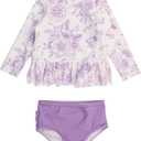 RuffleButts Baby/Toddler Girls Scalloped Long Sleeve Rash Guard 2-Piece UPF50+ Sun Protected Swimsuit (18-24 Months, Wisteria Purple Butterfly Garden Toile)