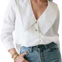Daacee Women's Big Collar Cotton Linen Blouses Dressy Casual Long Sleeve V Neck Button Down Shirts Ladies Tops(0780-White-M)