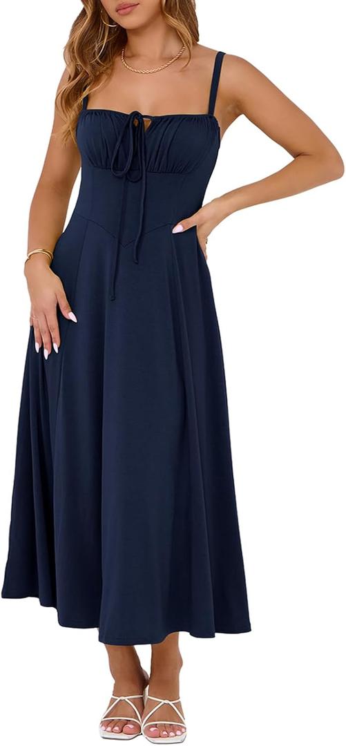 YATHON Women's Summer Midi Corset Boho Dresses Spring Casual Floral Spaghetti Straps Lace Up Dress Flowy Aline Beach Sundress (Blue, L)