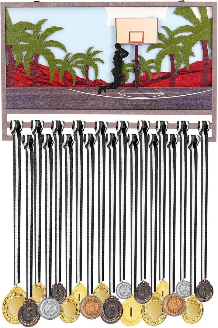 3D Sports Medal Holder Display Hanger Wooden 15.7x10.2 Inch Sturdy Trophy Shelf Wall Mount Medals Trophys Easy to Install for Marathon Trail Running Basketball Gift for Athletes(Basketball)