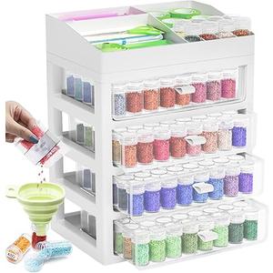 ARTDOT Storage Containers for Diamond Painting Accessories, Art Bead Organizer 4 Drawers with 192 Slots Storage Bottles and Diamond Painting Tools and Kits Rack with Funnel