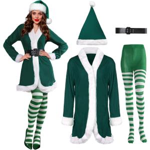 Sureio 4 Pcs Mrs Santa Claus Costume Women Christmas Dress Suit Cosplay Velvet Outfit with Belt Hat Striped Tights Elf Ears, Women, Adult