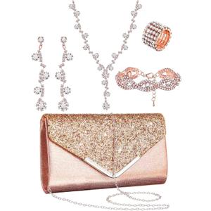 Henoyso 5 Pcs Purse Rhinestone Jewelry Set Prom Jewelry Rhinestone Clutch Purse Necklace Earrings Bracelets for Women Bride (Rose Gold)
