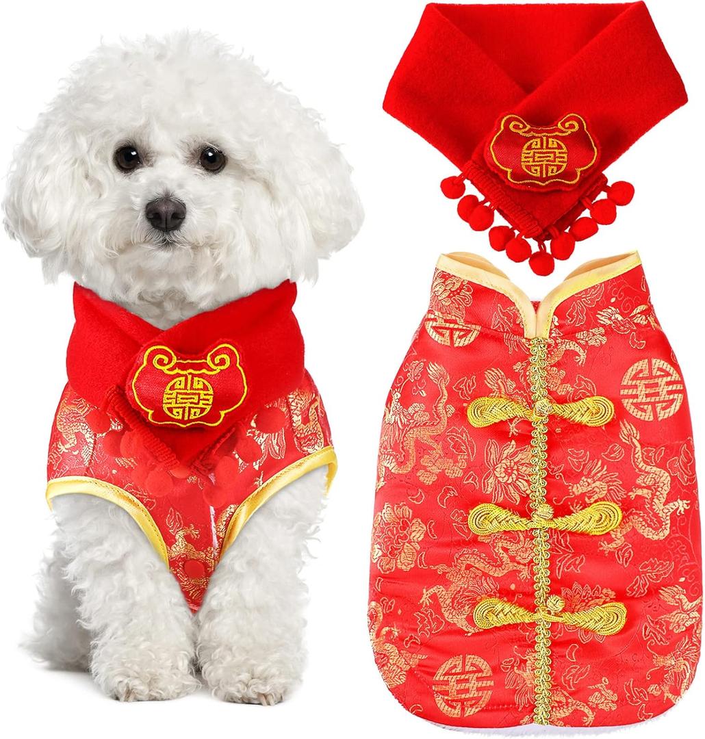 Sanwuta Dog Chinese New Year Costume Pets Knot Buttons Tang Suit Neck Strap Scarf Dog Chinese Style Winter Coat Pet Clothes Vest Cheongsam for Cats Puppies Bichon, XL