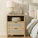 Rattan Nightstand w Charging Station, Large Boho Night Stand, Natural Wood, 15.9"L x 11.8"W x 23.5"H