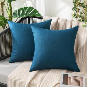 MIULEE Pack of 2 Decorative Outdoor Solid Waterproof Throw Pillow Covers Faux Linen Garden Farmhouse Coastal Cushion Cases for Summer Patio Tent Balcony Couch Sofa 16x16 Inch Blue