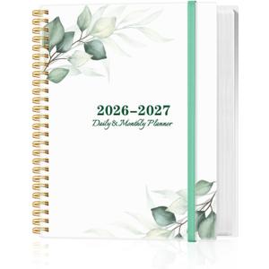 2026-2027 Daily & Monthly Planner Calendar - Daily Planner Calendar One Page Per Day from July 2026 to June 2027, Flexible Cover, 7" x 10", Storage Pocket, Green Leaf