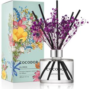 COCODOR Flower Reed Diffuser Set / 6.7oz / Cashmere Vanilla/Scent Diffuser with Sticks Home Fragrance Reed Diffuser for Bathroom Shelf Decor (Real Flower/6.7Ounce/1Pack)