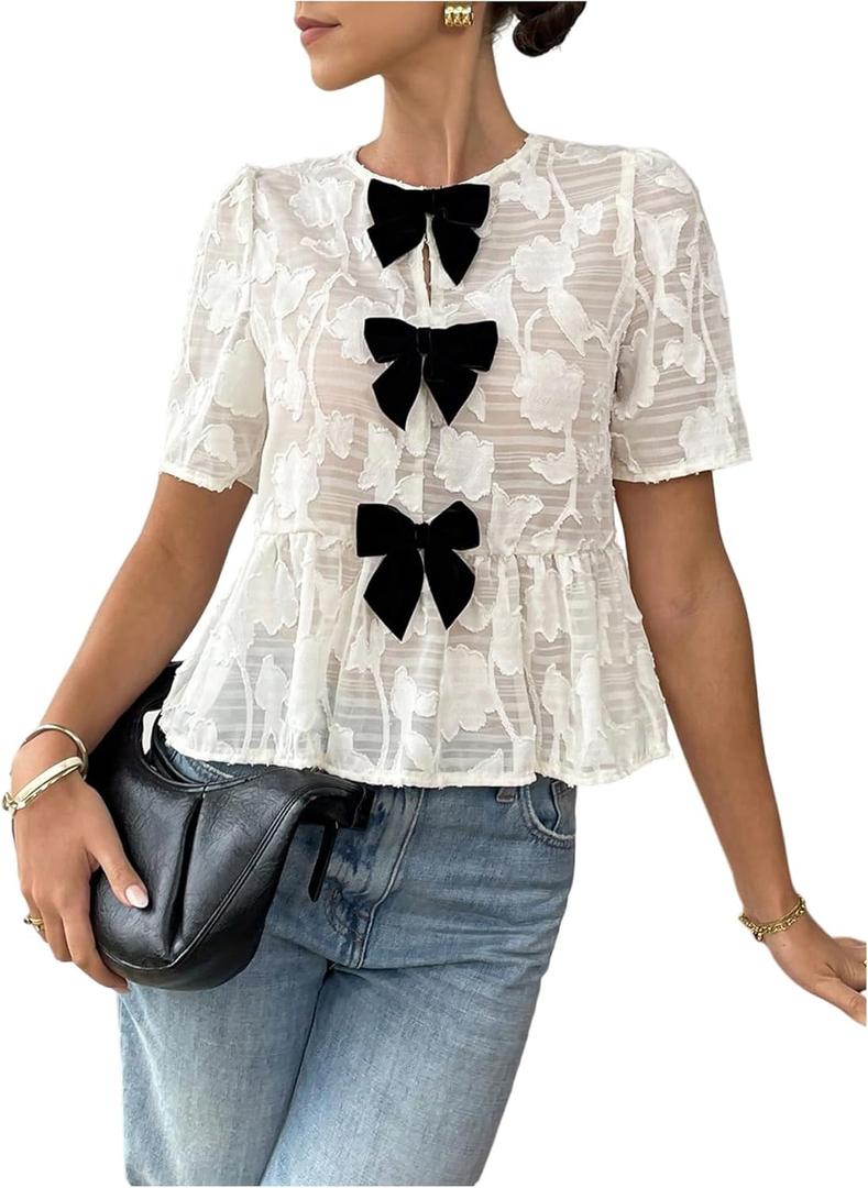 GORGLITTER Women's Floral Peplum Tops Bow Sheer Short Sleeve Ruffle Blouses Cute Babydoll Tops Summer Going Out Outfits (White, S)