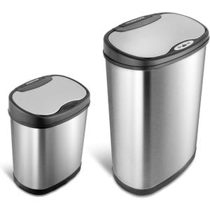 NINESTARS CB-DZT-50-13/12-13 Automatic Touchless Infrared Motion Sensor Trash Can Combo Set, 13 Gal 50L & 3 Gal 12L, Stainless Steel Base (Oval, Silver/Black Lid)