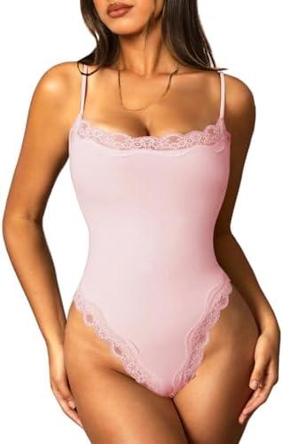 Navneet Women Sexy Lace Bodysuit Lace Trim High Cut Thong Spaghetti Strap Cami Bodysuit Going Out Tank Tops Body Suit Size L