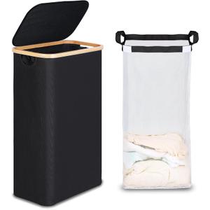 Efluky Slim Laundry Basket with Lid, Narrow Laundry Hamper with Removable Bag, Skinny Dirty Clothes Basket with Bamboo Handles for Bathroom, Bedroom & Laundry Room, 75L Black