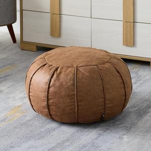 UNSTUFFED Ottoman Pouf Cover with Waterproof Handmade Faux Leather Home Decor Storage Solution for Kid Toy Footstool Pouffe Cover Replacement Balcony Indoor Chestnut Brown(ONLY Cover)