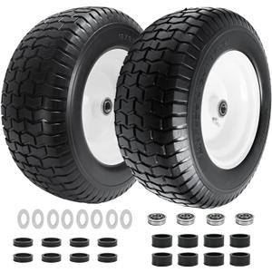 (2-Pack) 16x6.50-8 Flat Free Lawn Mower Tires & Wheels, 16" Solid Tires for Riding Mowers & Garden Tractors, Adjustable 3"-4.5" Hub with 3/4" & 5/8" Bearings, 550 lbs Load Capacity, 1 pcs