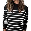 Qirno Women's Turtleneck Long Sleeve Striped Tops Mock Neck Knitted Casual Pullover Sweaters Shirts Black and White Striped Medium