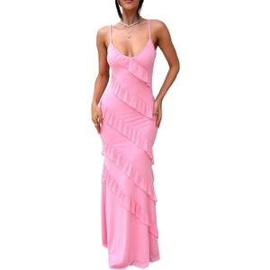 HOCILLE Women's Sexy V Neck Backless Bodycon Spaghetti Strap Elegant Ruffle Maxi Cocktail Party Dresses (Medium, Pink)