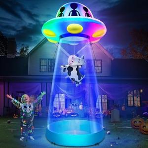 [ 3 Colors Changing Light ] 10 Ft Tall Halloween Inflatable UFO Cow Abduction Decorations with Build-in LEDs Halloween Blow Up UFO for Halloween Decoration Outdoor Yard Garden Lawn Holiday Party Decor
