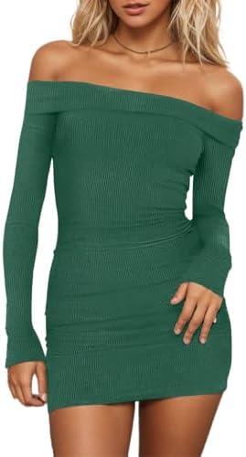 HYPERFIRE Women's Sexy Elegant Off The Shoulder Ribbed Long Sleeve Dress Party Mini Dresses, XS, Green