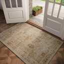 Washable 2x3 Entryway Rug, Boho Non-Slip Door Mat Vintage Distress Small Rugs for Kitchen Nursery Office Bedroom, 0.3" Neutral Oriental Throw Carpet with Cushioning Pad, Brown/White/Multi