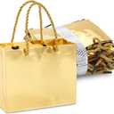 Sparkle and Bash Gold Goodie Bags - Mini Metallic Gold Reusable Paper Bags for Party Favors, Pack of 24, 6 x 5 x 2.5 Inches, Rope Handles